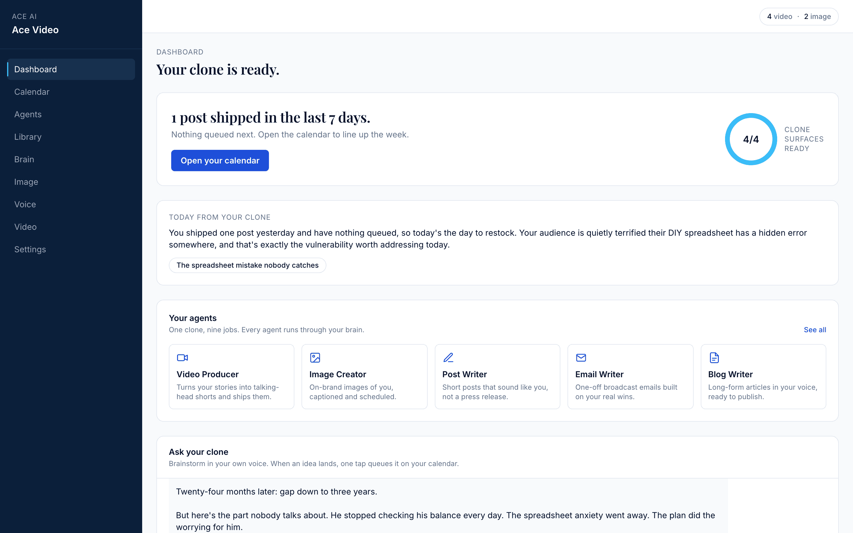 The Ace Video dashboard showing the daily brief and workspace